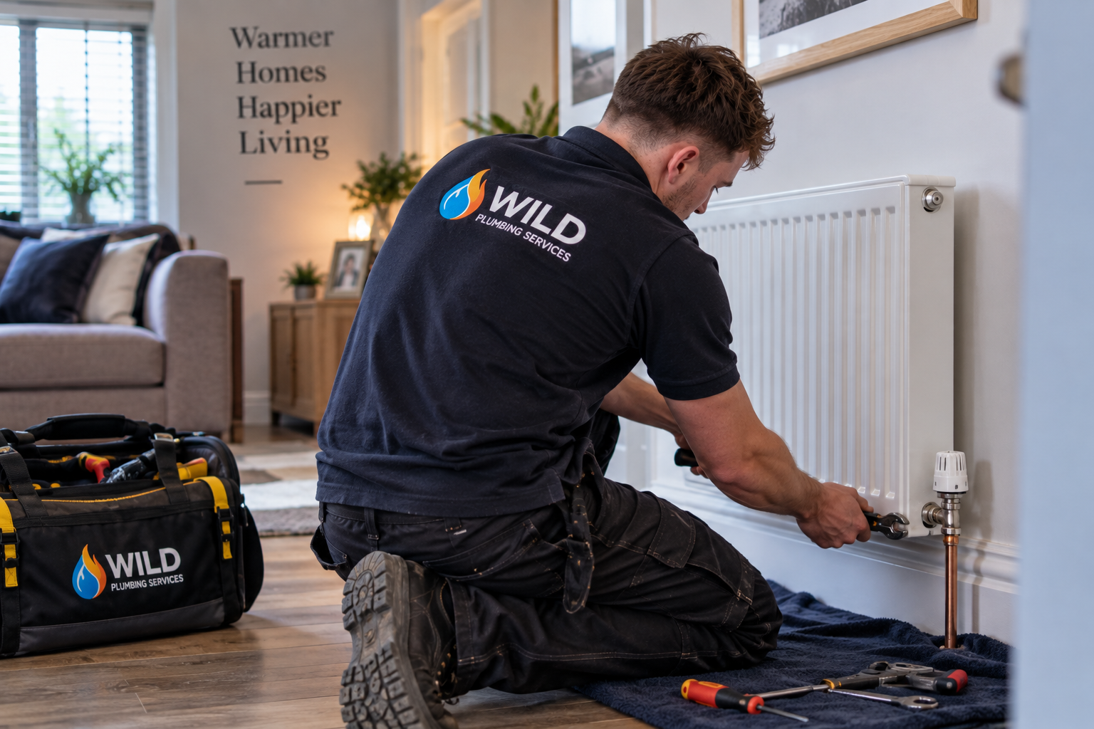 Wild Plumbing engineer fitting a radiator in a Newcastle home