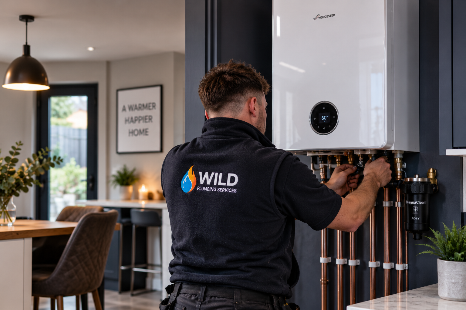 Wild Plumbing engineer installing a Worcester boiler in a Newcastle home