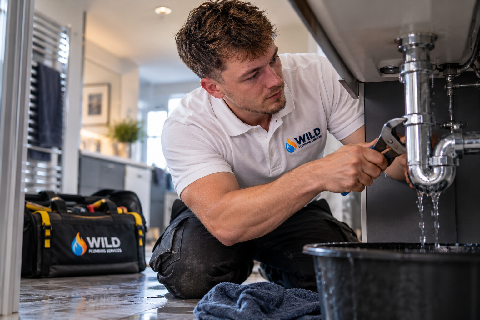 Wild Plumbing engineer repairing a leak under a kitchen sink