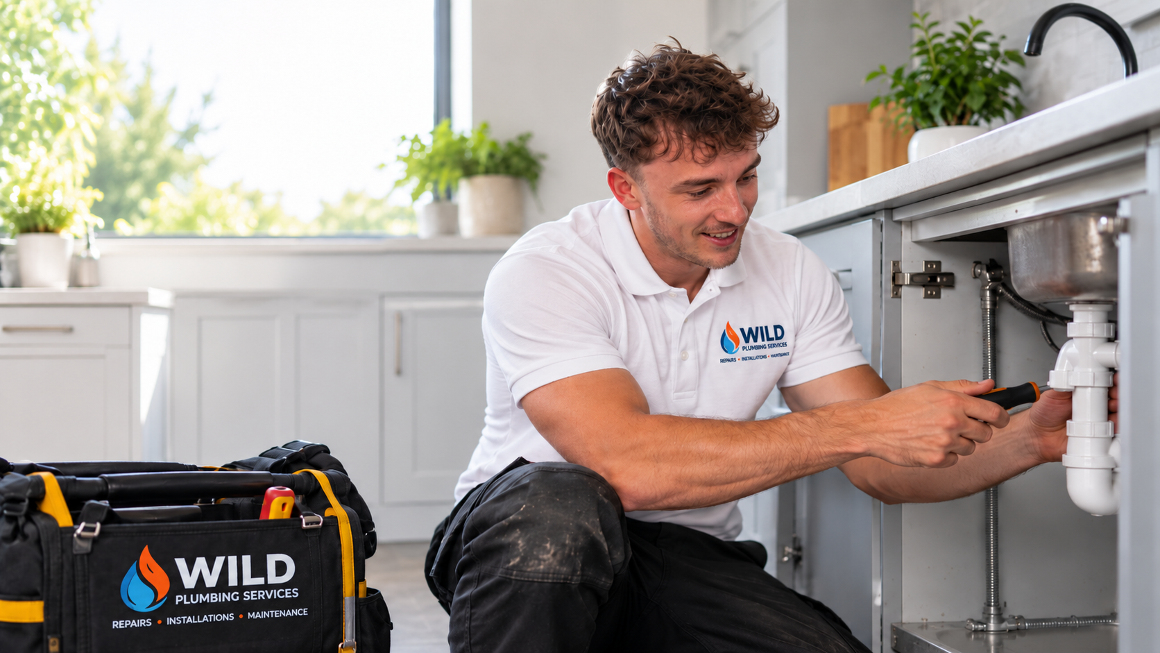 Wild Plumbing engineer fixing pipework under a kitchen sink