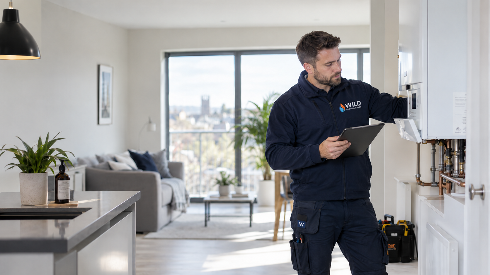 Wild Plumbing engineer beside a boiler on a landlord safety visit