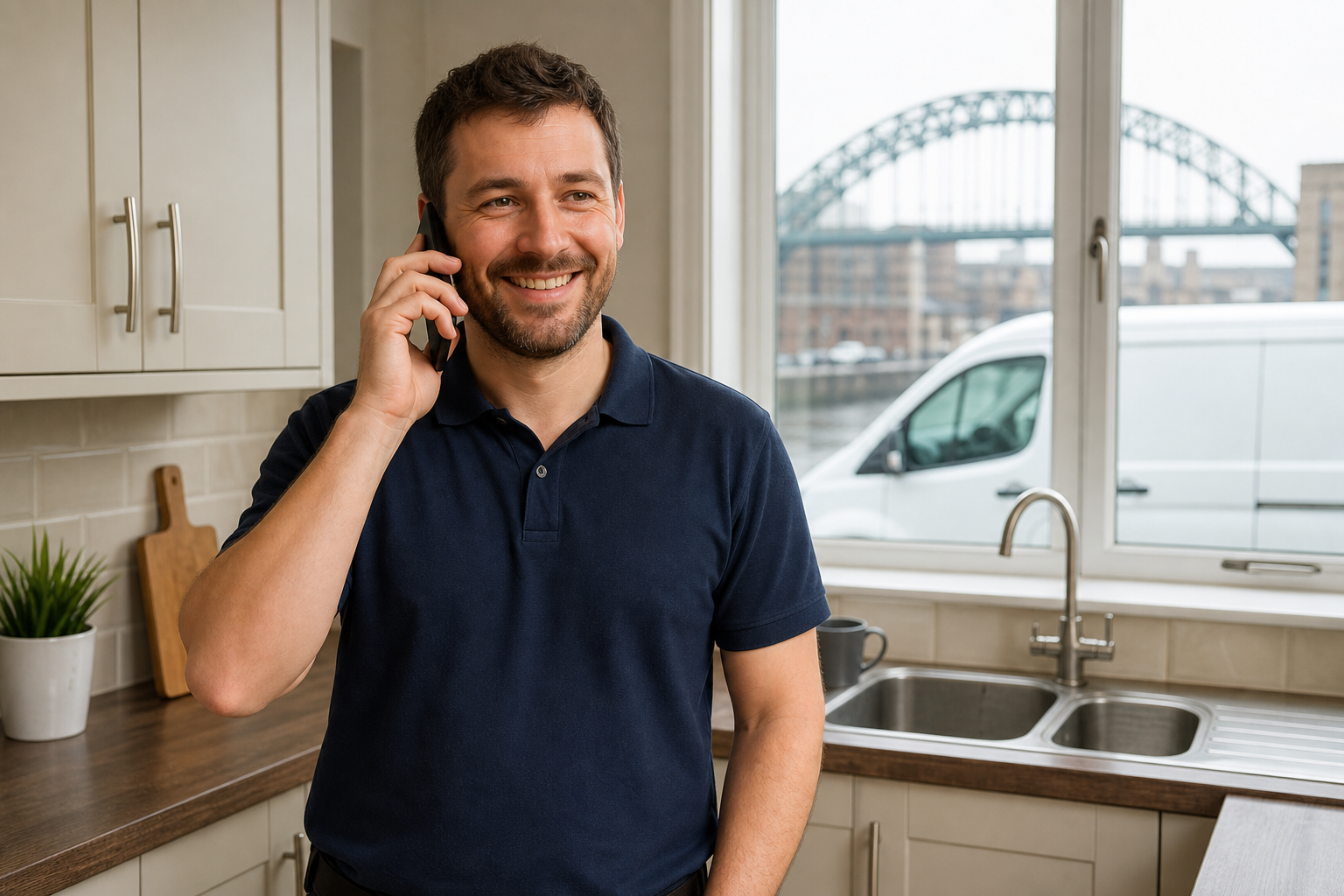 Wild Plumbing engineer on the phone in a Newcastle home