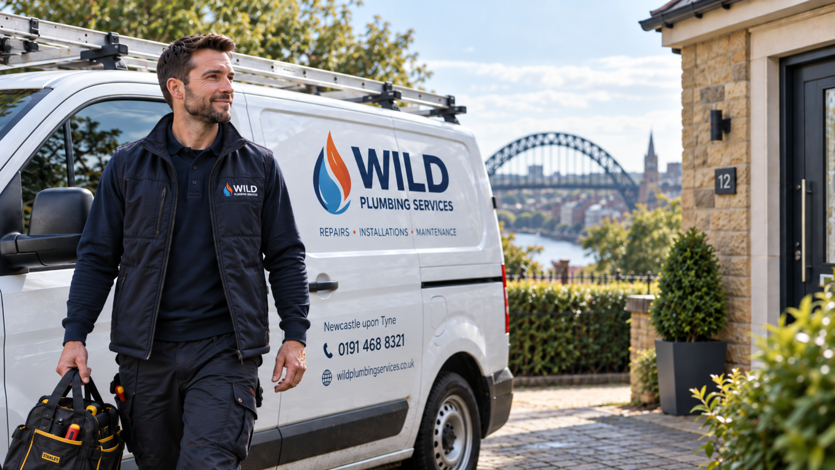 Wild Plumbing Services engineer with branded van and Newcastle Tyne Bridge in the background