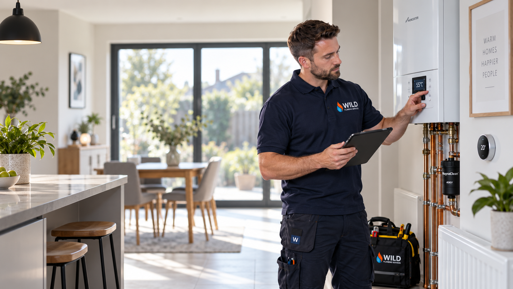 Heating engineer servicing a wall-mounted combi boiler in a Newcastle home