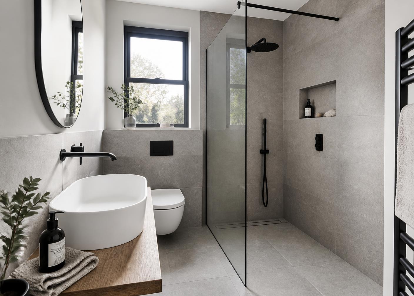 Contemporary British bathroom with walk-in shower and matt black brassware