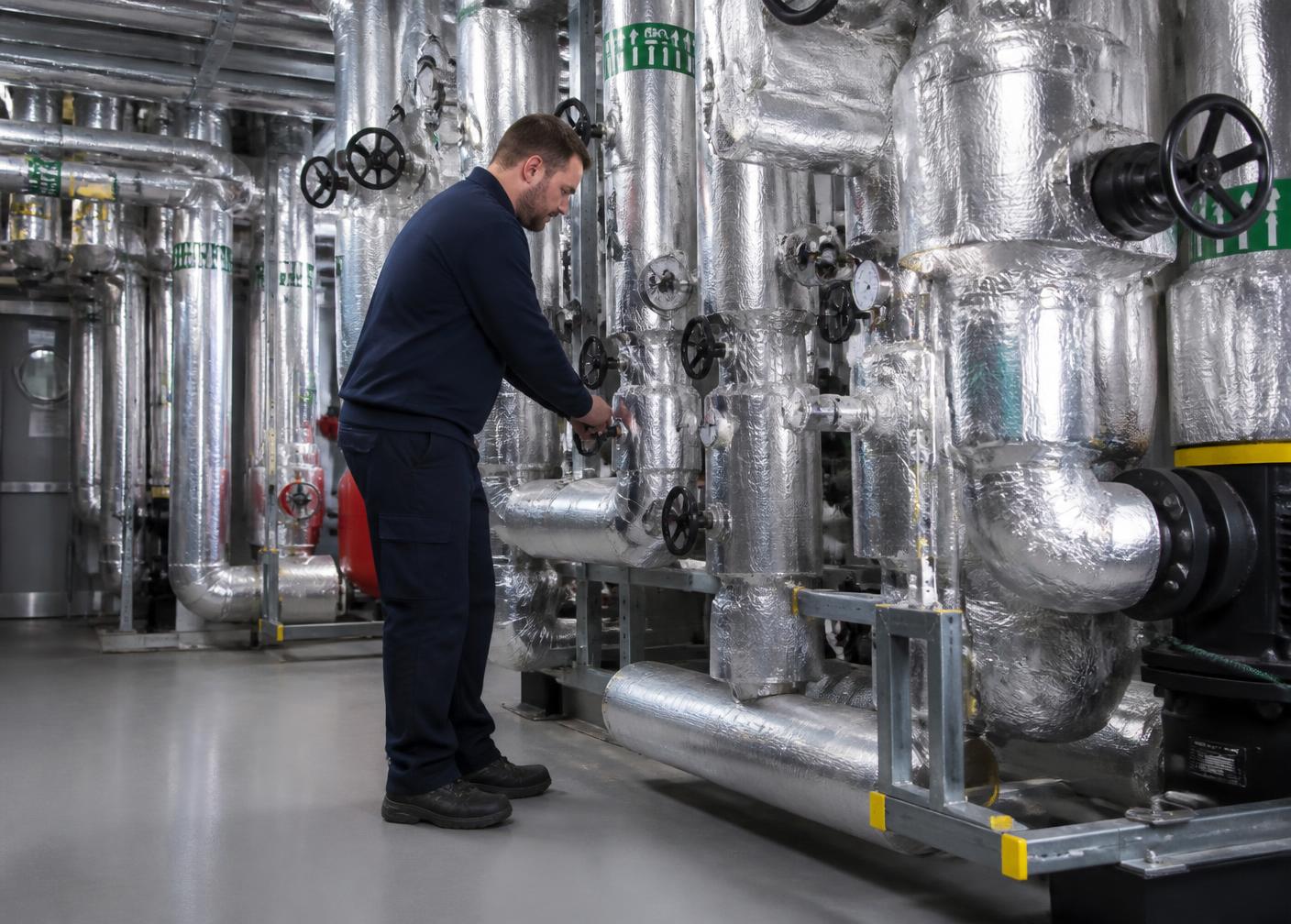 Engineer checking commercial pipework in a Newcastle building plant room